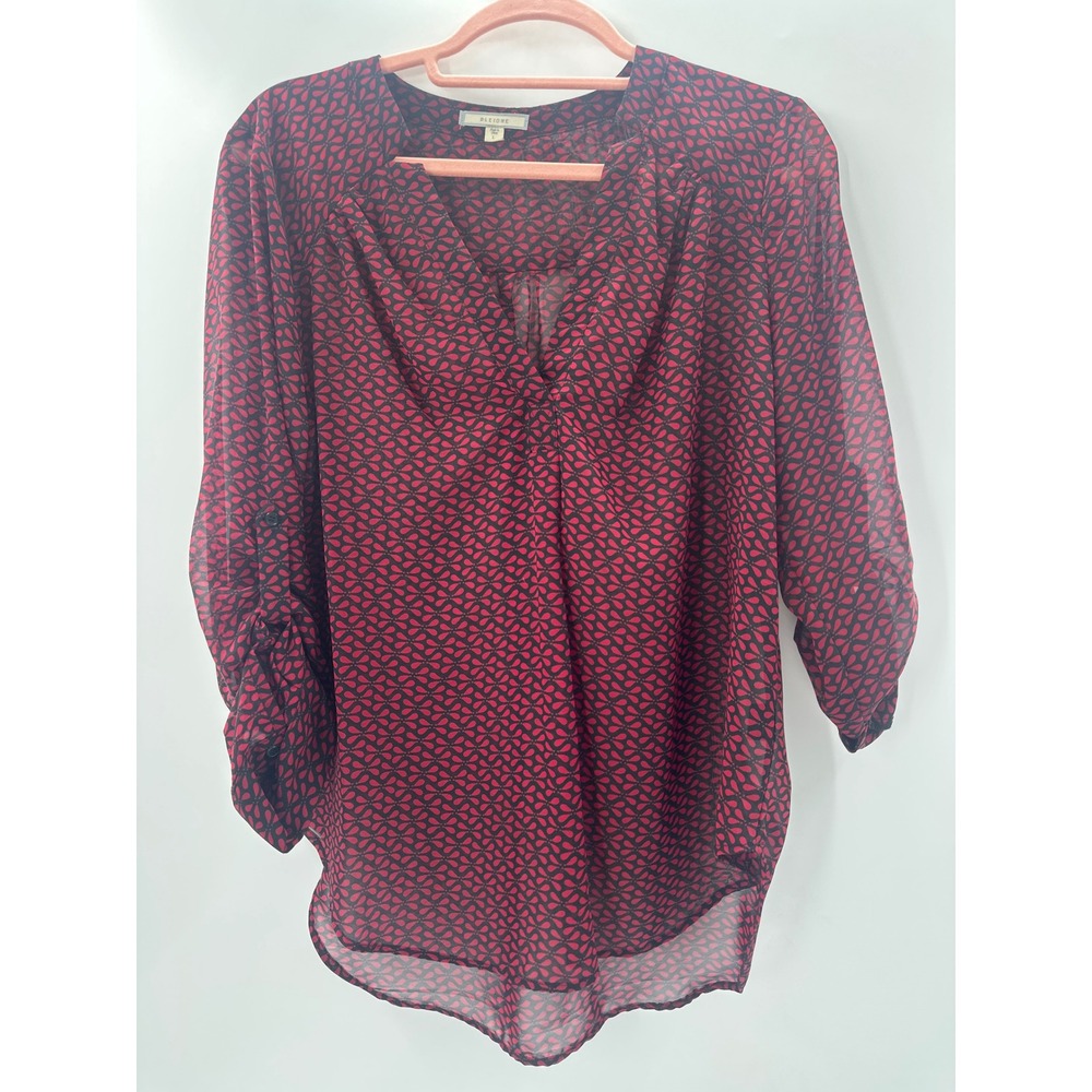 Pleione Womens Large Burgundy Black Geometric Print Roll‎ Sleeve V-Neck Blouse